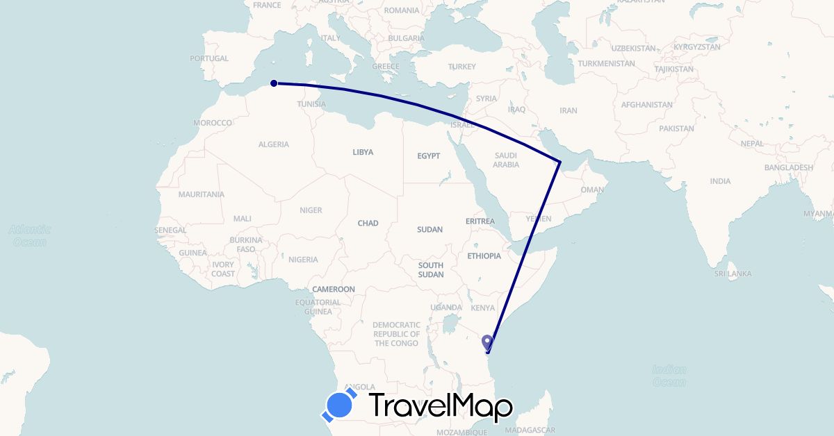 TravelMap itinerary: driving in Algeria, Qatar, Tanzania (Africa, Asia)